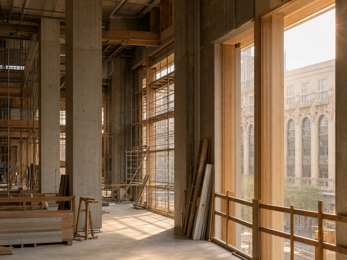 Interior of a building under construction, with warm daylight through unfinished openings